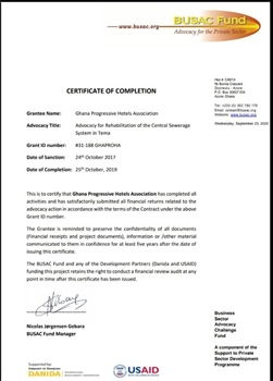 Rehabilitation of Tema Central Sewerage System<br>Certificate of Completion for Advocacy