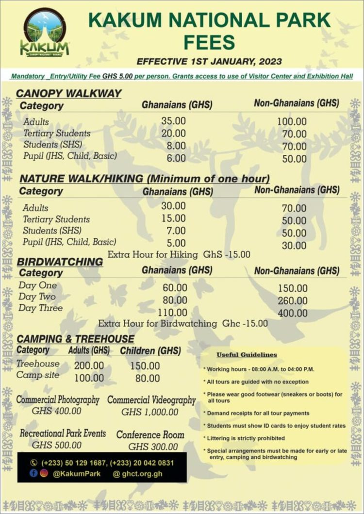 Kakum National Park<br>Pricing table 2023
